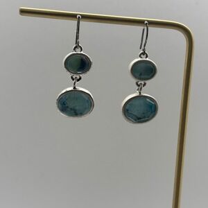 KC Double Drop Earrings Womens OS Blue Silver Tone Signed Artisan Faceted Tiered